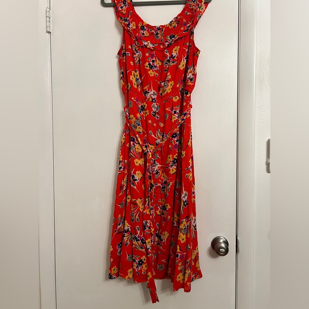 Anthropologie Vibrant Orange Red Lined Floral Midi Dress - Picture 3 of 7